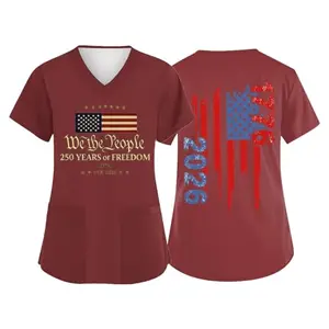 We The People Scrub Tops for Women 250th Anniversary Patriotic American Flag 1776-2026 Medical Uniform with Pockets
