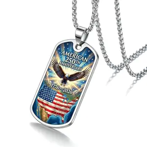 American 250th anniversary dog tag necklace with bald eagle and flag design