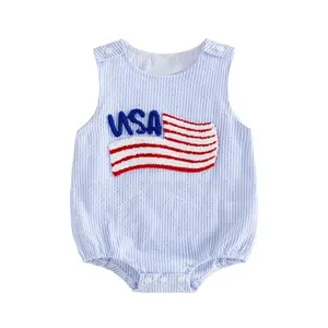 Baby boy wearing Kavousa American flag bubble romper for 4th of July