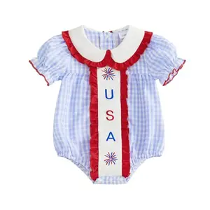 ZIXILOVGIR baby girl bubble romper with USA embroidery, plaid pattern, and doll collar, perfect for patriotic celebrations