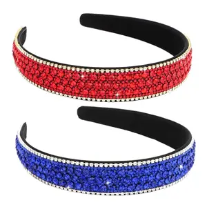 Set of two red and blue rhinestone headbands on a velvet black base, perfect for patriotic styling