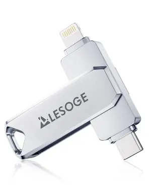 Grey LESOGE iPhone flash drive with Lightning and USB-C connectors