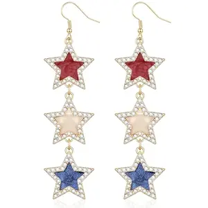 Red white blue triple star dangle earrings with rhinestone studs