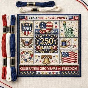 USA 250th Anniversary Cross Stitch Kit featuring patriotic symbols