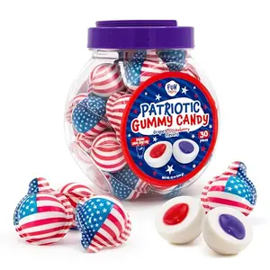 Jar of individually wrapped patriotic gummy balls with liquid jam centers