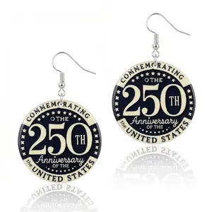 Round acrylic dangle earrings with '250' and stars in red, white, and blue