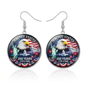 Round acrylic earrings featuring bald eagle, Statue of Liberty, and 250 Years text