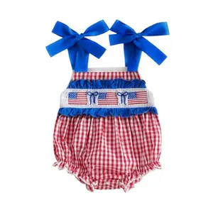 Rourufy baby girl 4th of July smocked bubble romper with American flag and bow print