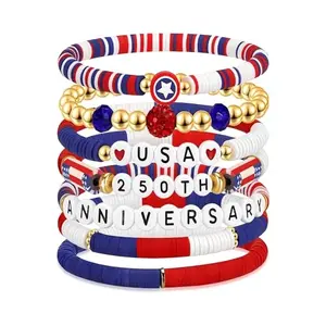 Seven stackable patriotic bracelets in red, white and blue beads with USA charm