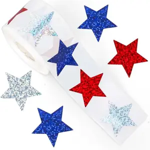 Roll of 500 holographic star stickers in red, blue, and silver for patriotic decorations