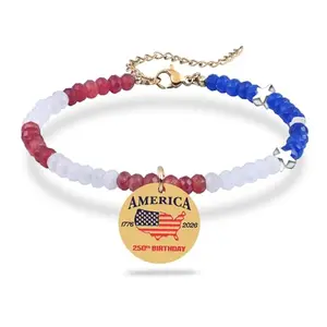 Patriotic bracelet with natural stones and American flag engraving