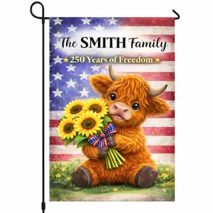 Personalized Fastpeace highland cow garden flag with custom family name and sunflowers