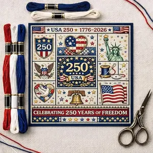Colorful stamped cross stitch kit with fireworks and 250th anniversary design