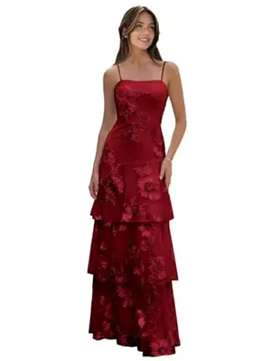 Burgundy floral prom dress with square neck and ruffled A-line skirt