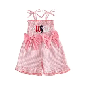 Socutebabe toddler girl 4th of July romper shorts jumpsuit with USA embroidery