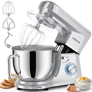 Silver Babroun 8.45 QT stand mixer with 6-speed knob and dough hook