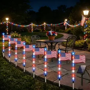 Solar-powered American flag pathway lights for 4th of July outdoor garden decoration