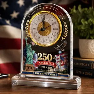 Patriotic desk clock with eagle design and customizable name plate